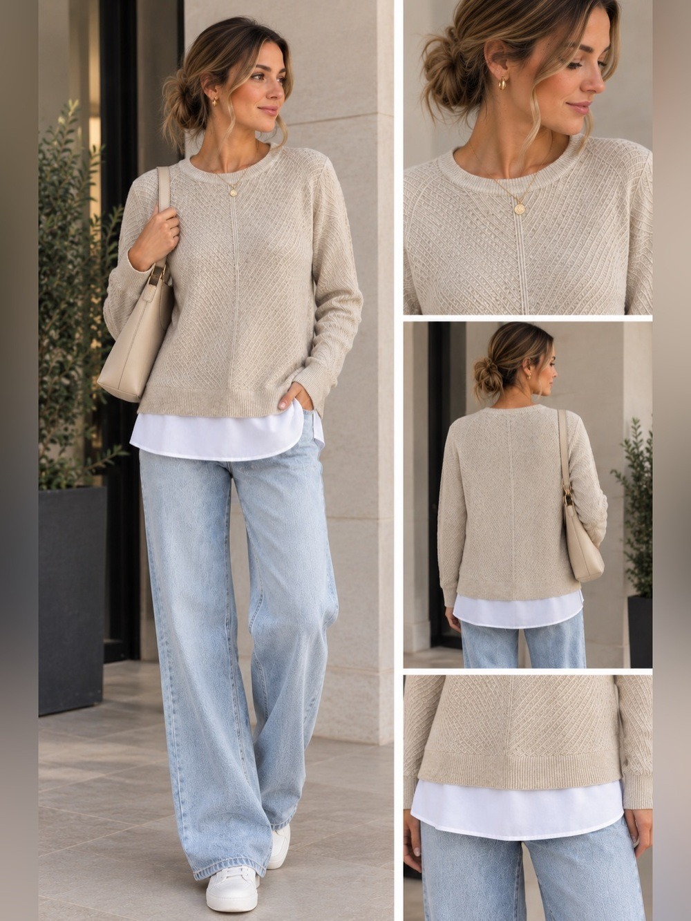 Calvin Klein Beige Crew Neck Sweater with fooler under blouse inserts
